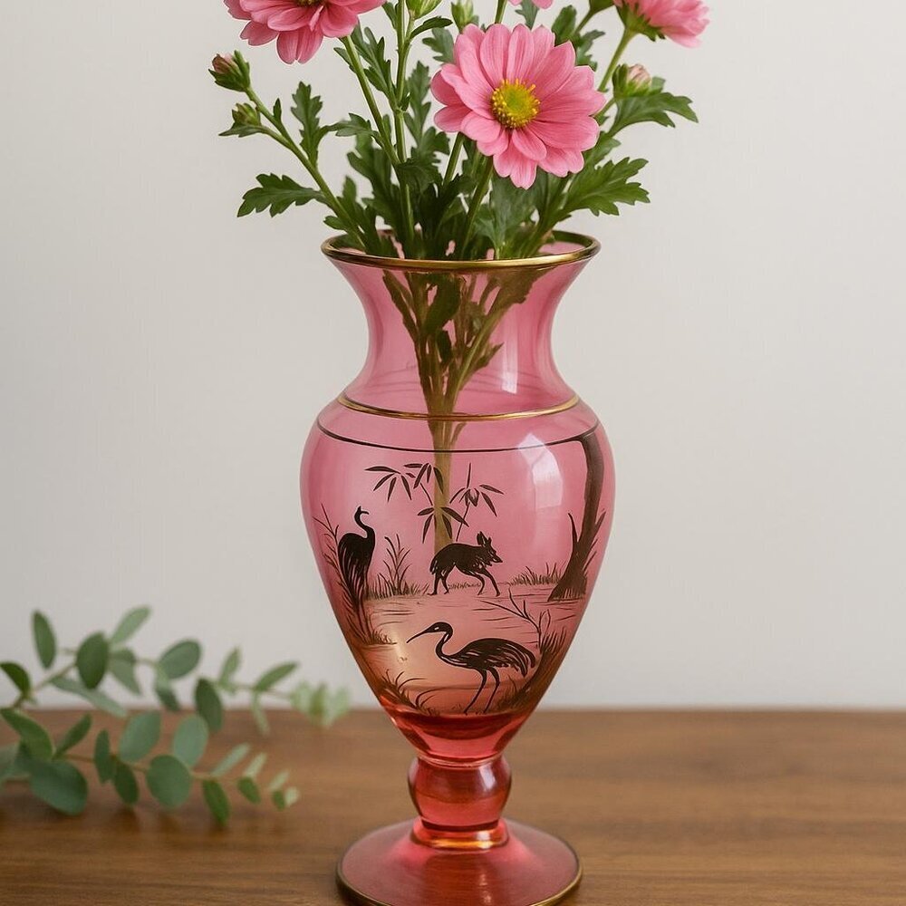 Vintage Pink Glass Vase – Hand-Painted Wildlife Scene with Gold Trim